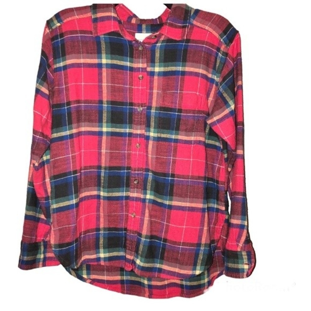 American Eagle Plaid Button Up Boyfriend Flannel Red Green XS